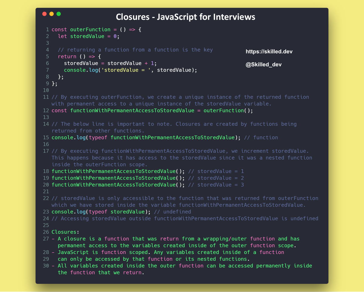 TreyHuffine's tweet photo. Closures are an essential topic in JavaScript interviews. Master them in a single image.

Coding interview YouTube => https://t.co/KFgTJsEUi2

#javascript #codenewbie #100daysofcode https://t.co/7j0rIUUxVj