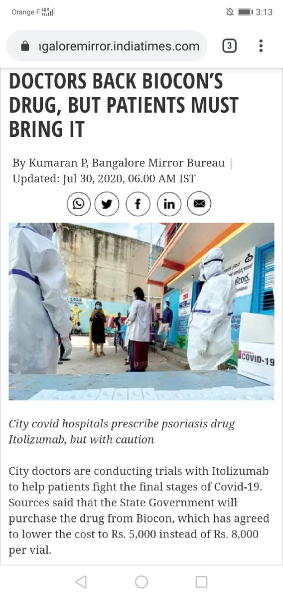 Is it true? "City doctors are conducting trials w/ Itolizumab to help patients fight the final stages of Covid-19. Karnataka Govt will purchase the drug from Biocon, which has agreed to lower cost to Rs. 5,000 instead of Rs. 8,000 per vial." via  @Mareeswj