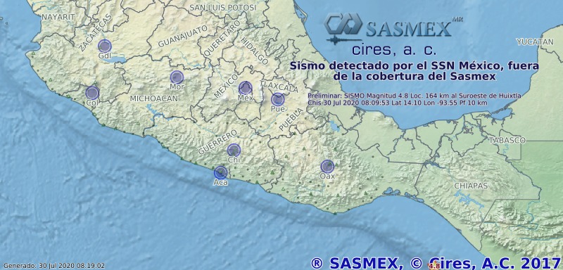 sasmexnet's tweet photo. Información @SSNMexico Preliminar: SISMO Magnitud 4.8 Loc. 164 km al Suroeste de Huixtla Chis 30 Jul 2020 08:09:53 Lat 14.10 Lon -93.55 Pf 10 km https://t.co/Hnc5TkNEvY