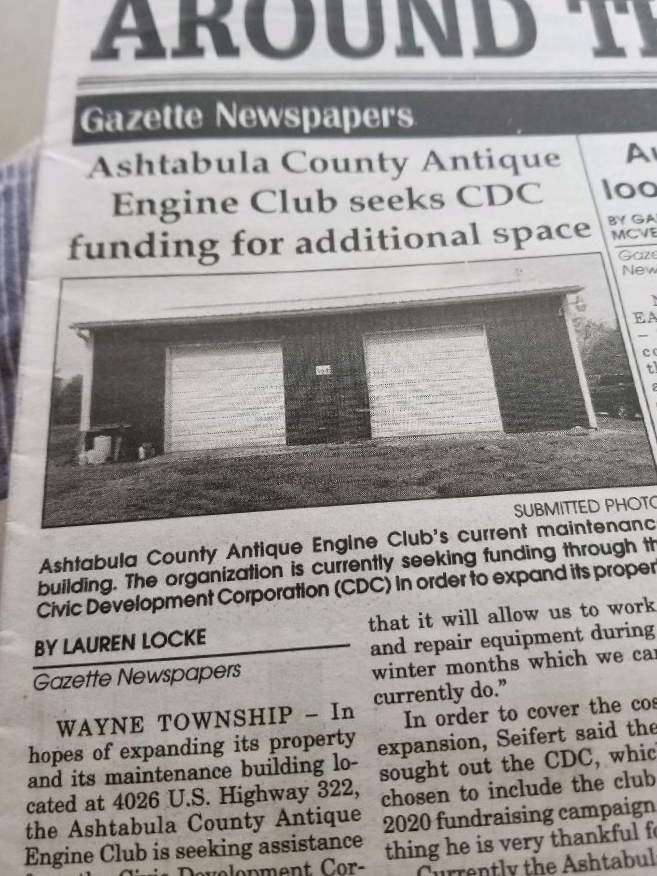 CDC_Ashtabula's tweet photo. The article this week from the Gazette Newspapers/Great Lakes Printing features the project that Ashtabula County Antique Engine Club would like to complete. We only ask once every five years for a donation.#GivetoCDC https://t.co/ViFsZHCGWW https://t.co/CGYwCKNxlm