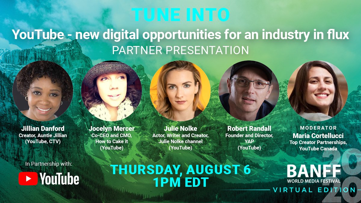 BanffMedia's tweet photo. This year has accelerated an industry already in the midst of a major transformation. Hear from top @YouTube directors, writers and creators who have worked in both traditional and digital entertainment in this #BANFF2020 Partner Presentation.
Register: https://t.co/ZW0YDOWccg https://t.co/YHzASNWfG7