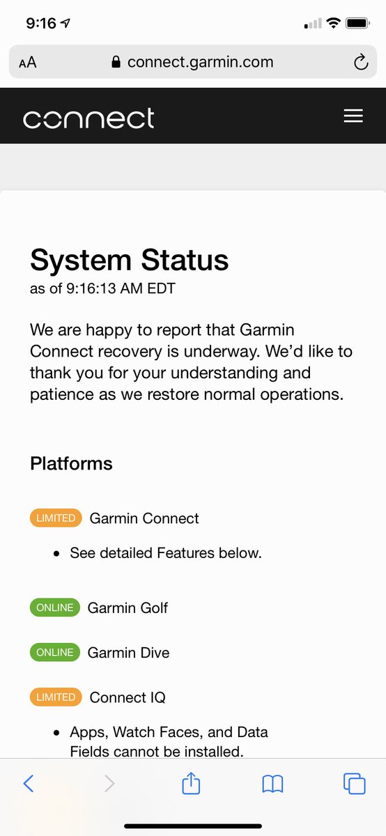 RunCindyRUN27's tweet photo. @garmin don’t say recovery is underway when this message has been up since Monday. How much longer? Your best estimate is appreciated. Keep your customers informed. Disappointed... https://t.co/FOC5GUBqh9