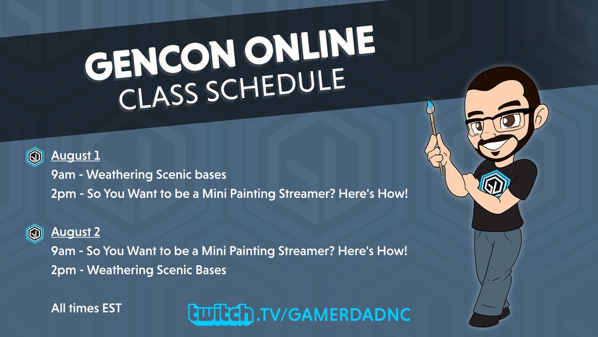 gamerdadnc's tweet image. Looking for help in getting started as a Mini Painter on #Twitch?  Want to learn about how build your content?  @Gen_Con classes still open for How to be a Mini Painting Streamer for #gencononline 
Check out gamerdadnc.com/classes for more information
#streamcoach