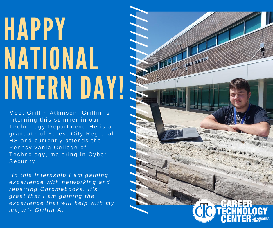 CTCLC_EDU's tweet image. Happy #NationalInternDay! Meet CTC's Technology Department Intern Griffin Atkinson! #CTCPROUD #InternsofPA2020 #PASummerInterns
@PennCollege 
@PALaborIndustry