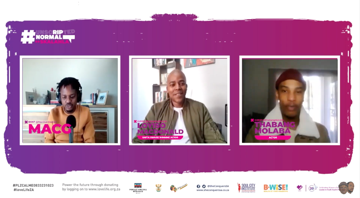 loveLifeNGO's tweet photo. "What works for me is keeping a positive mind set, I don't always get it right but no matter what I try to keep a positive outlook on life..."- @loyisomacdonald 
@MacGUnleashed kicks off the discussion with Loyiso and @ThabangMolaba about their mental health...
#UnscriptedNormal https://t.co/bK4nObgKMn