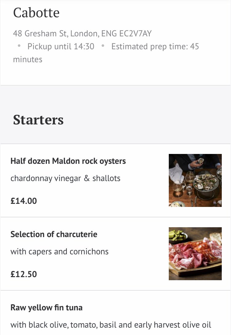 Here is a sneak preview of some of the starters you can now enjoy at the office or in the comfort of your own home. Cabotte is launching TAKEAWAY tomorrow 💥🍾🦪
Cabotte.square.site *starting tomorrow. 
#cabotte #takeawayrestaurant #winelondon #wineshop #finedining