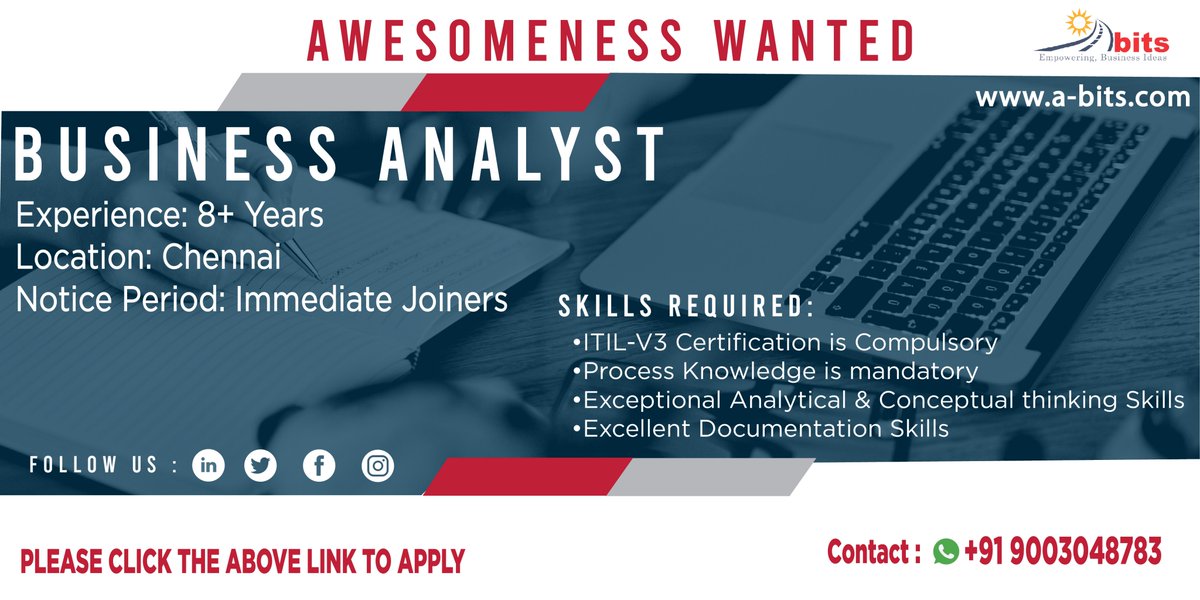 Apps_ITSolution's tweet photo. Hiring Business Analyst!!!!!

Link to Apply: https://t.co/kcJQg8incy

#jobs #chennaijobs #hiring #joinus #businessanalyst #processknowledge #analytical #itilv3 https://t.co/TltBQ7rGWM