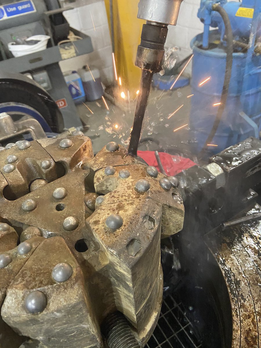 Our Sparker Eroder is busy removing broken carbide. New carbide will be fitted saving a perfectly good Bit from the scrap heap. For more information on our repair/service capabilities contact us on info@stratumdrillingsolutions.com  #DTH  #Repairs  #Drilling  #Piling  #UK
