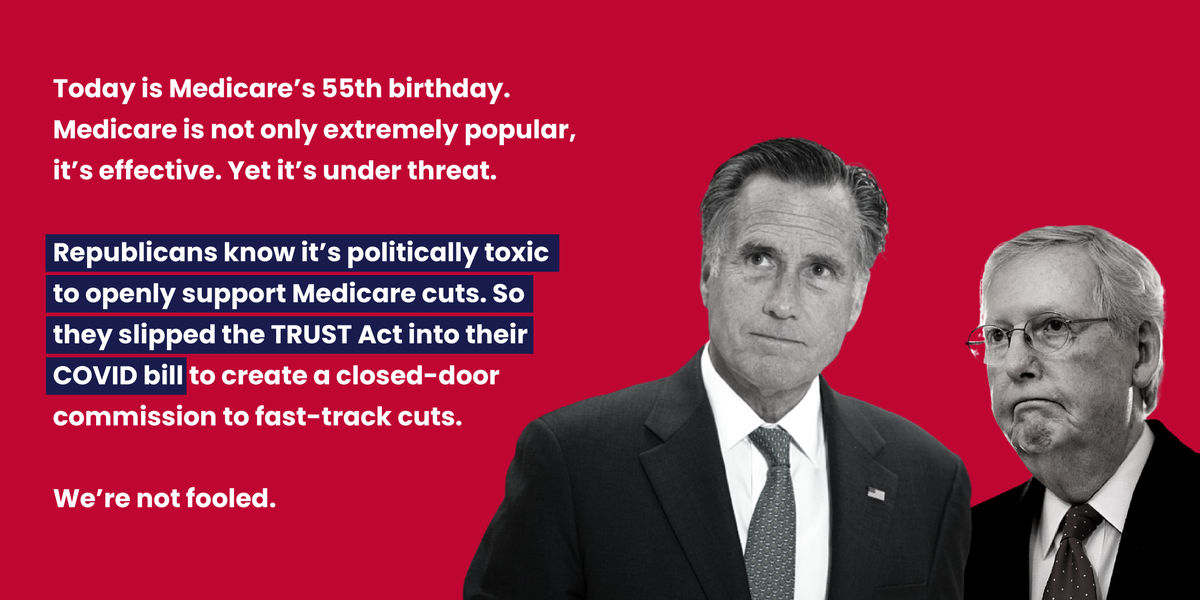 SSWorks's tweet photo. We're not fooled. The TRUST Act will create a closed-door commission to fast-track cuts to Medicare.
Hands off!
#55YearsOfMedicare https://t.co/LX2OAM7jqt