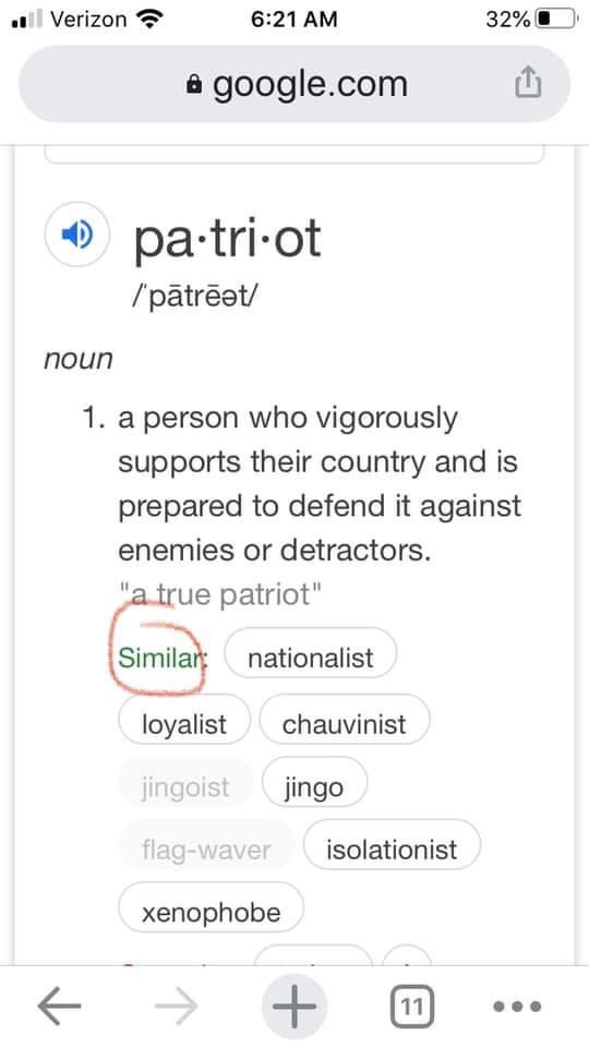 Wait WHAT?!?! NO. A patriot is not “similar” to a chauvinist. Good heavens, revisionists. Y’all are weirdos.