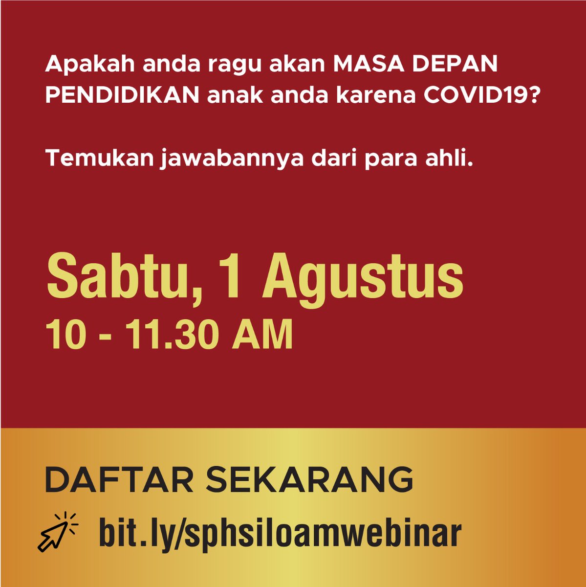 HEALTH, HABIT AND HOPE WEBINAR
Saturday, August 1
10 - 11.30 am (GMT+7)

📱Register now at
bit.ly/sphsiloamwebin…

SPEAKERS :
👩 DR. Dr. Allen Widysanto
👦🏻 Dr. Yogi Prawira, Sp. A (K)
👱🏻‍♀️ Caroline Riady
👩‍🦱 Julie McCaughan
🧑🏻 Aileen Hambali
👱‍♂️ Alex Tho

👥 Open for Public