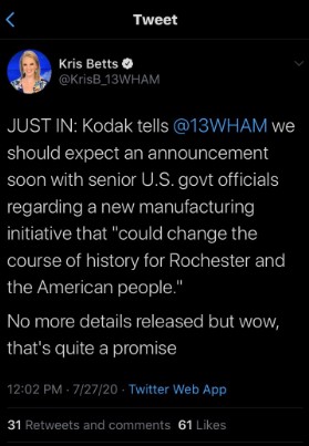 2. Kodak sent a press release on Monday afternoon to Rochester media teasing an upcoming announcement with U.S. government officials that "could change the course of history for Rochester and the American people." The news was on Twitter and local media https://popular.info/p/what-happened-before-kodaks-moment