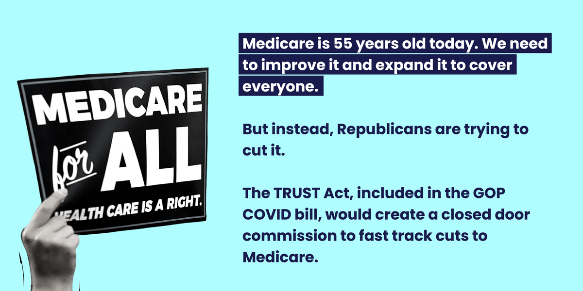 SSWorks's tweet photo. Today is Medicare's 55th Birthday. Now is the time to build on its legacy by passing #MedicareForAll.
But Republicans are trying to cut Medicare by slipping the TRUST Act in their COVID bill. Hands off!
#55YearsOfMedicare
#IfIHadMFA https://t.co/xtgWO8uDTc