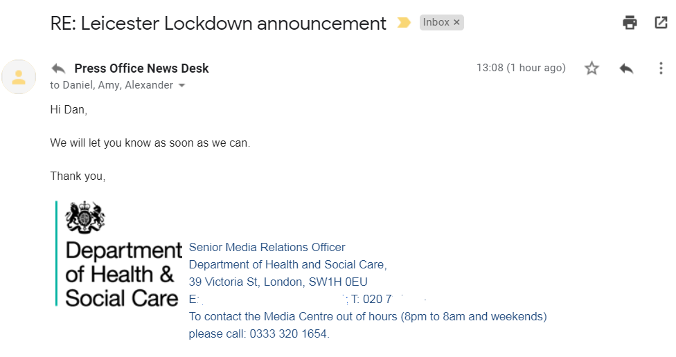 EVERYBODY wants to know when and how the #LeicesterLockdown decision will be communicated.
So we asked the DHSC press office exactly that and got back this.
Sorry it's not more helpful.