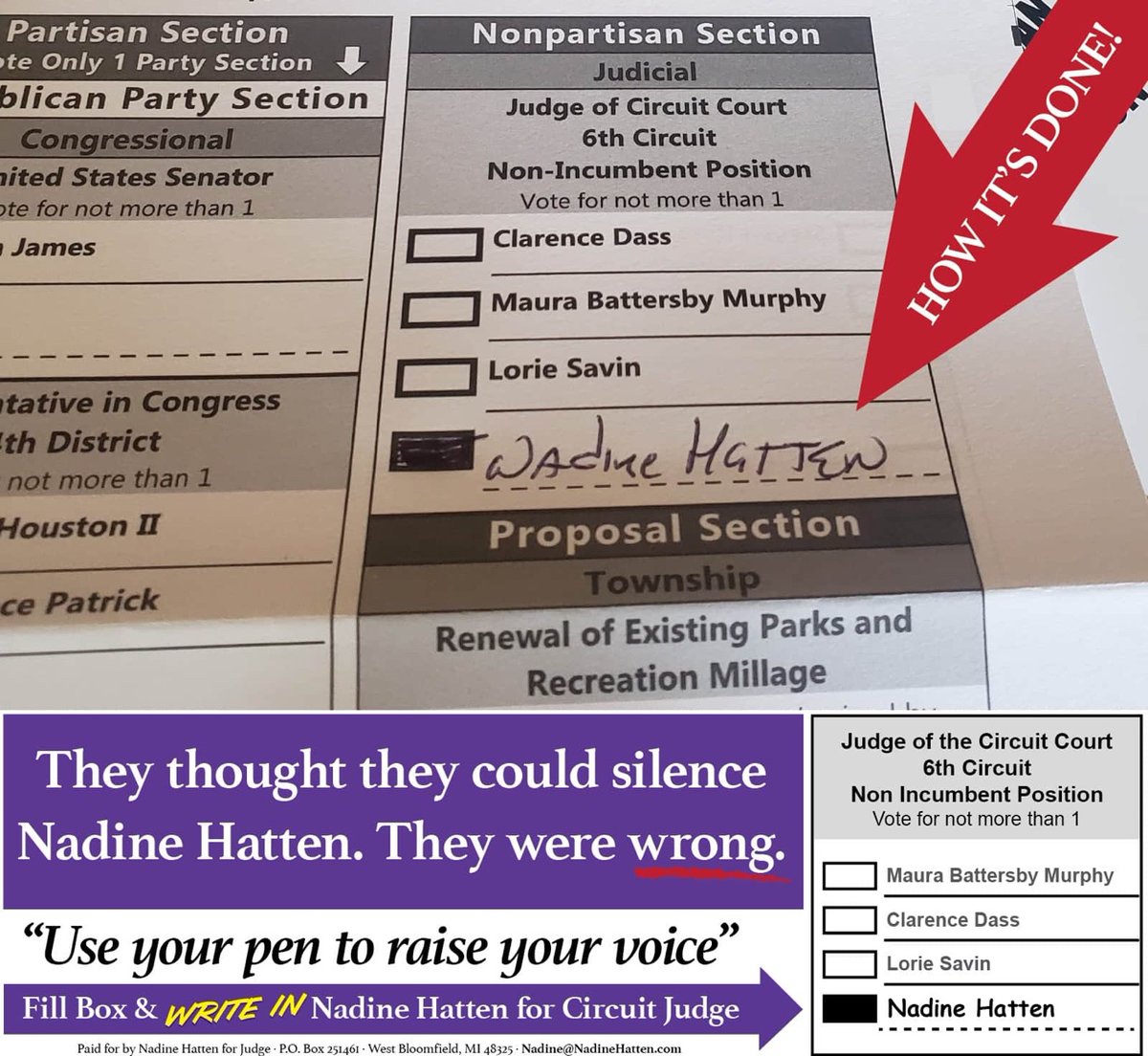 HattenForJudge's tweet image. Did you know? If you Didn’t vote for Oakland Circuit Judge.  Or you Submitted your absentee ballot, but want to Change your vote.  Or you made a mistake. 
On or before August 4, visit your local clerk’s office to obtain a new ballot.  #writeinNADINEHATTEN #conquercovidcampaign.