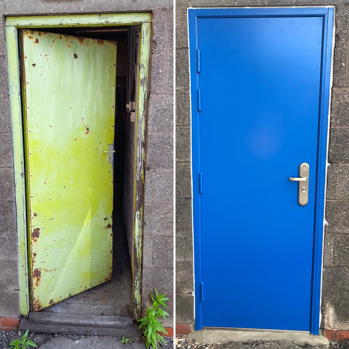 New door day.. it’s safe to say the difference is incredible and the old door was well on its way 🚪🔑🔵 #northwest #door #blue #transformation
