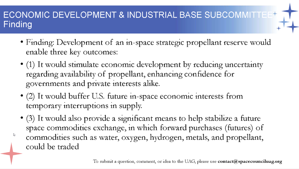  #NatlSpaceCouncil  #UserAdvisoryGroup - . @DittmarML Propellant reserve Would have 3 outcomes: Last yr a publication on China's aspirations in space they and other nations are interested in commodities development in space. Advocating to get going on this now.