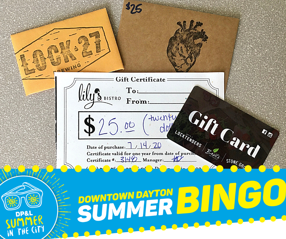 GRAND PRIZE DRAWING! 
$100 prize packs are up for grabs and they could be 👉YOURS👈
All you have to do is play our Downtown Dayton Summer Bingo!
You can complete 5 challenges either in person or virtually!
Start your game today at downtowndayton.org/bingo