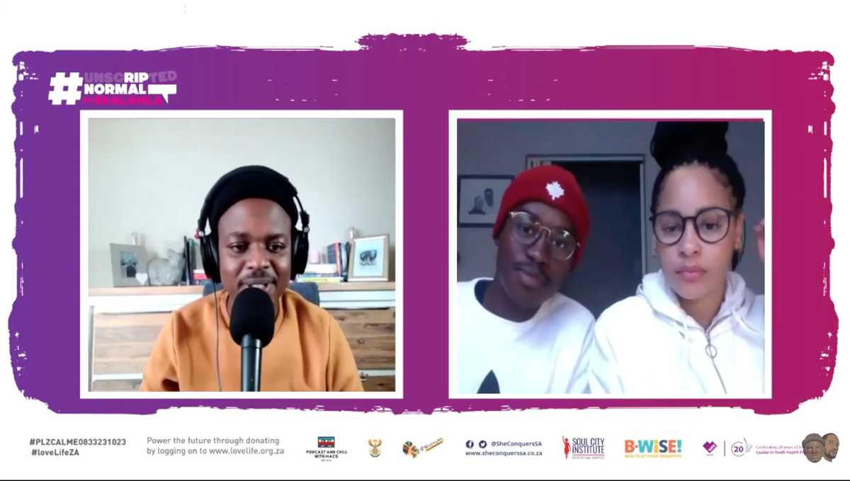 loveLifeNGO's tweet photo. "Welcome SA's favourite YouTube channel!"- @MacGUnleashed 
The Ndlovu's join us as they start chatting about who lahla's in their relationship... 
You don't want to miss it...👀👀
#UnscriptedNormal 
#Skalahla https://t.co/8TCqSX1SZ1