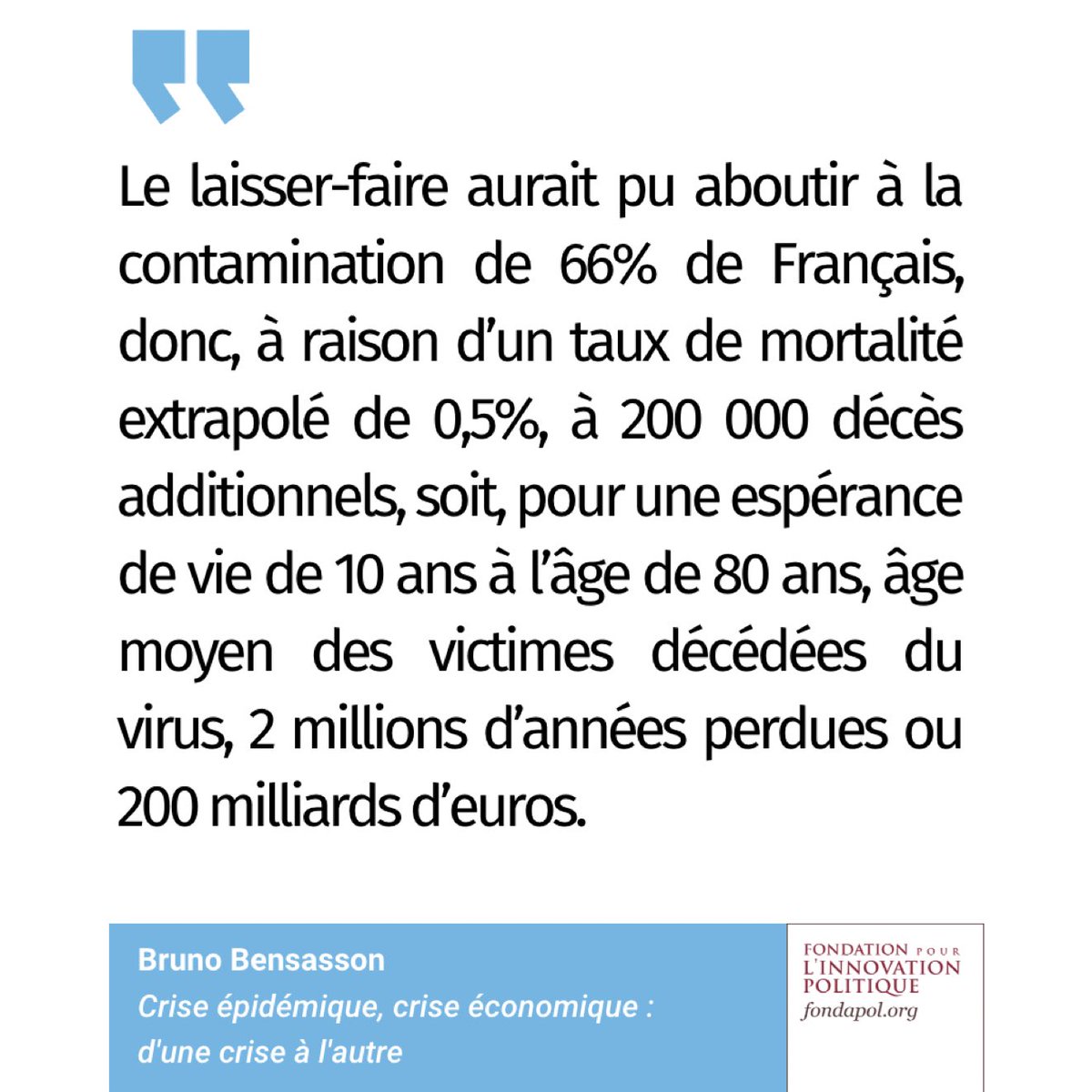 💡 Décryptage <a href="/Fondapol/">Fondation pour l’innovation politique</a> de @BrunoBensasson: "Toute considération morale mise à part, des études estiment la vie d’un Français à 3 millions d’euros et celle d’une année de vie sauvée à 100.000 euros."
➡️ À lire bit.ly/30am4ON