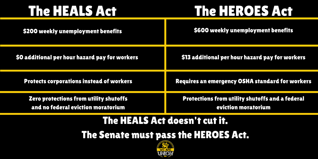 The HEALS Act proposal doesn’t cut it.

The Senate must pass the HEROES Act. American workers are depending on it.