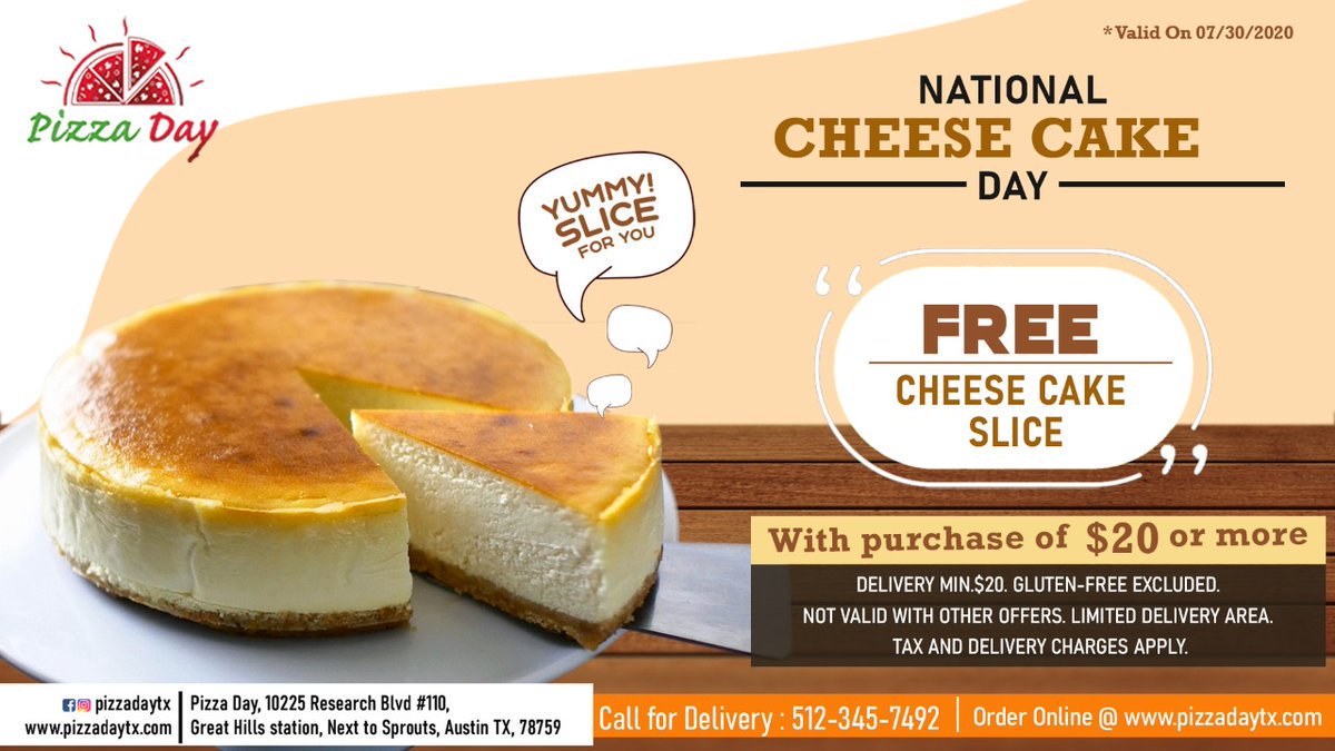 PizzaDayTx's tweet photo. #NationalCheesecakeDay
Free Cheese Cake Slice
With purchase of $20 or more
Call to Order: 512-345-7492
Order Online: https://t.co/Co9ptNhYWA
#pizzaday #freewings #freecheesecake #cheesecake #cheese #austineats #austin360eats #keepaustineatin #eateratx #austinfoodie #trueaustin https://t.co/EU4dcYL5cK