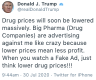 The Trump criticism of ads from "Big Pharma" about his drug plan appears to actually be a response to an Americans for Tax Reform commercial that has been running in heavy circulation on Fox.Left, Fox's America's Newsroom, 9:22 a.m.Right, Trump, 9:44 a.m.