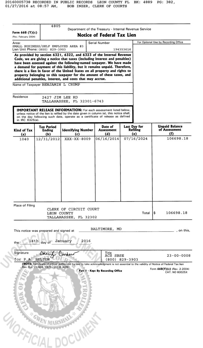 Benjamin Crump had a Federal Tax Lien for $ 106,698 from 2012. Why? Why did Crump buy and sell dozens of low income houses (some foreclosed) while a Tallahassee Housing Commissioner? What was Crump's financial situation during the "The Trayvon Hoax"? Watch youtu.be/QAw5ykIPOBM