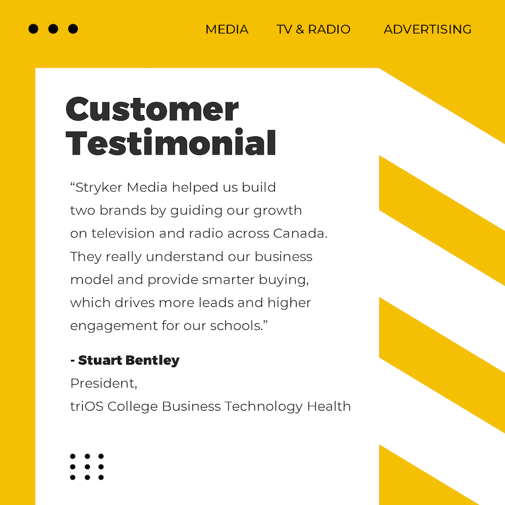 StrykerMediaTO's tweet photo. Testimonial: Stuart Bentley - President, triOS College Business Technology Health

#AdvertisingAgency #AdvertisingToronto #AdAgency #Advertising #DigitalMarketing #MarketingToronto #AgencyLife #DigitalAgency https://t.co/KcdUVdG6pa