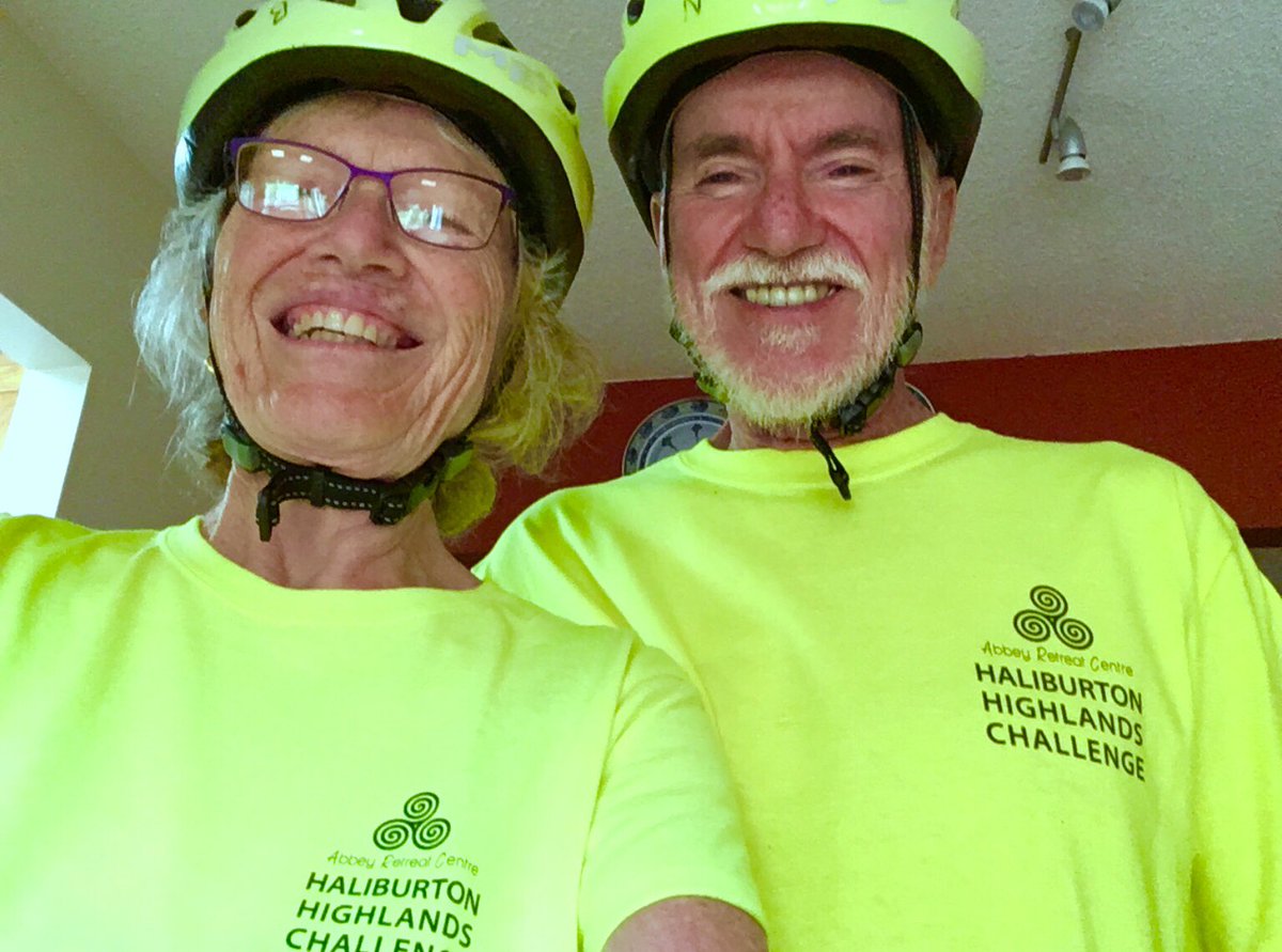 AbbeyRetreat's tweet photo. Beth Johns and Norris Turner are riding hundreds of kilometres in support of the Halliburton Highlands Challenge for the work of the Abbey Retreat Centre, in their new ‘safety green’ shirts.  You can cheer them on and make a donation.   https://t.co/YBe24o7sm9 https://t.co/PUKCVQaFLR