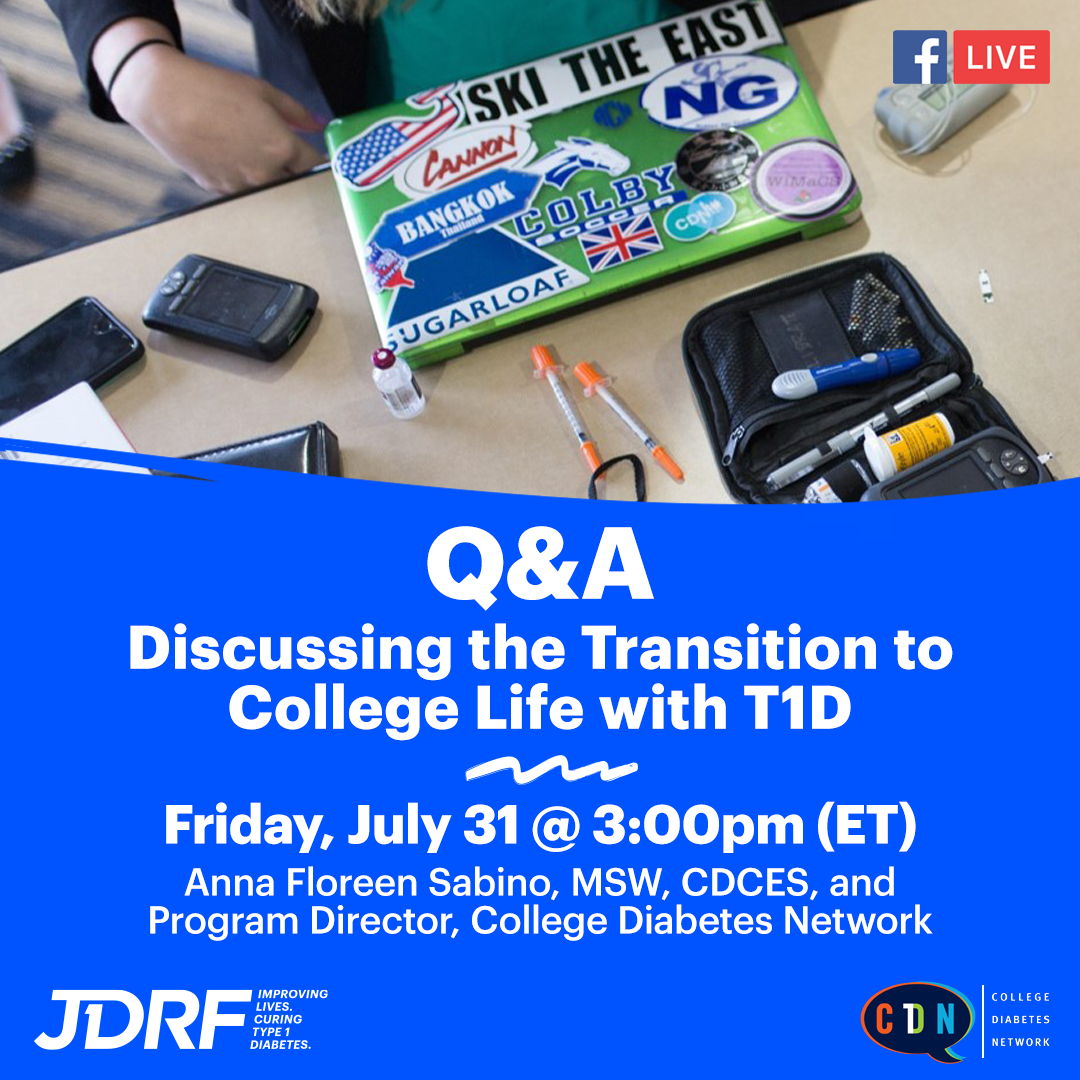 Don’t forget to join JDRF and College Diabetes Network at 2pm CT for a FB Live and Q&amp;A to discuss the transition to college life while living with type 1 diabetes (T1D).  Just head over to the JDRF Facebook page tune in!