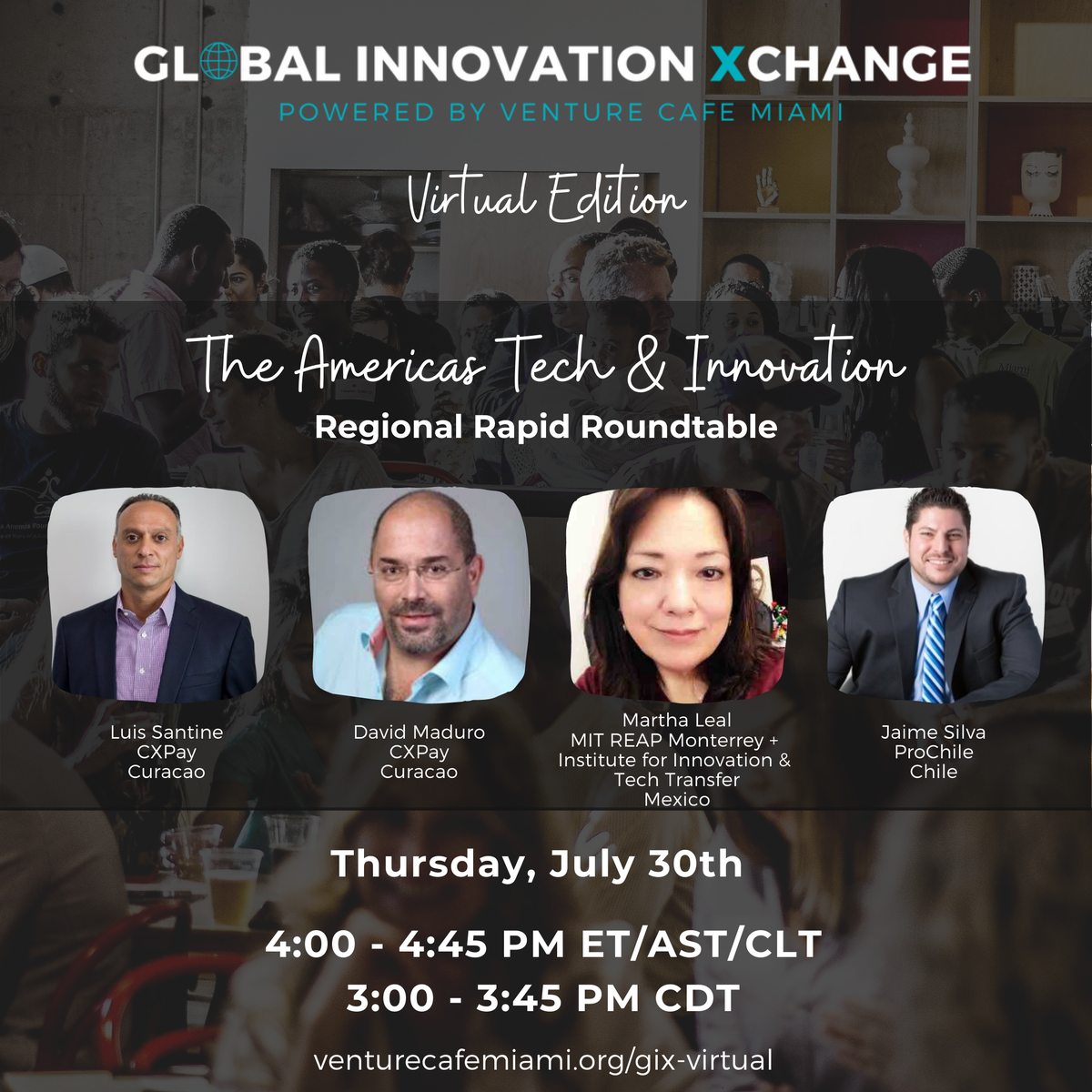 prochile_us's tweet photo. Join us today, as we participate in the virtual celebration of 4 years of @VentureCafeMIA, during their Global Innovation Xchange which activates ecosystems throughout the world! We will be sharing information about Chile’s #innovation ecosystem. #VCMVIRTUAL https://t.co/H2Dz1pw1KC