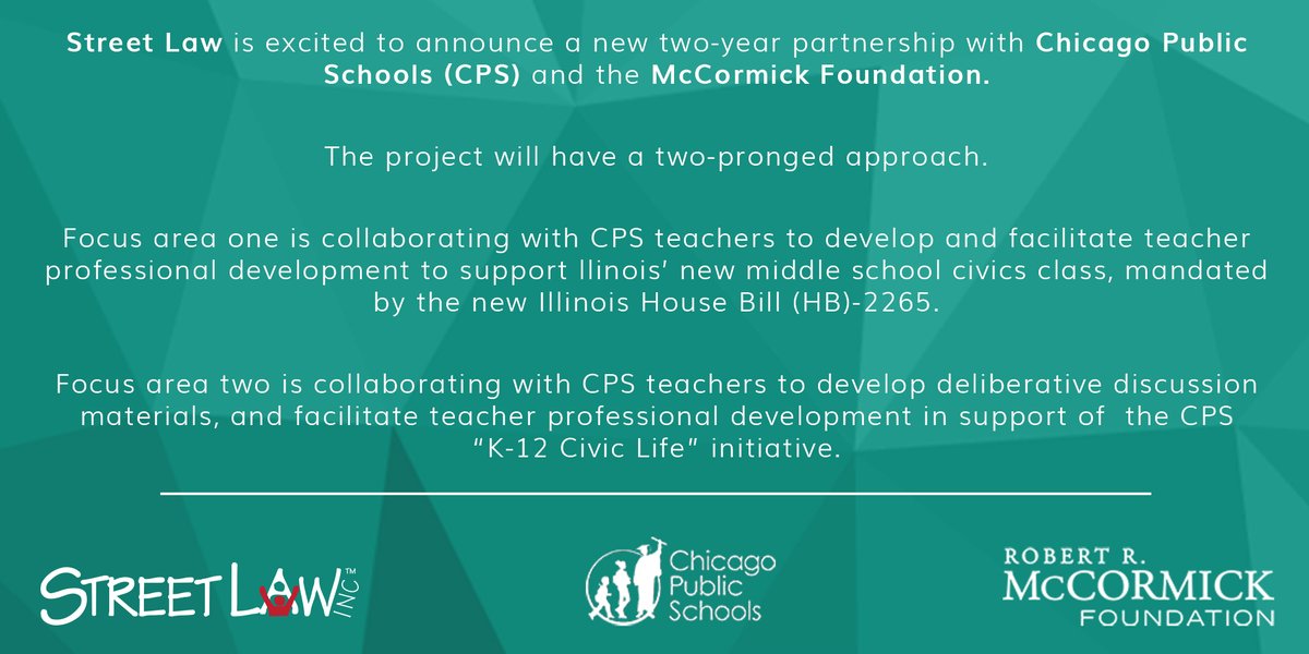 #StreetLaw is excited to announce a new 2-yr partnership with <a href="/CPSCivicLife/">CPS Dept of Student Voice & Engagement</a>/<a href="/ChiPubSchools/">CPS - Chicago Public Schools</a> &amp; the <a href="/McCormick_Fdn/">McCormick Foundation</a>!

The project will focus on collaborating with CPS teachers to develop and facilitate teacher PD as well as create new deliberative discussion materials.

#StreetLawCPS