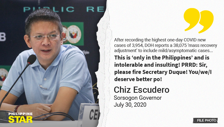 PhilippineStar's tweet image. 'PLEASE FIRE SEC. DUQUE'

Former senator and now Sorsogon Governor Chiz Escudero urged President Duterte to fire Department of Health Secretary Francisco Duque III after the country recorded its highest single-day increase in COVID-19 cases on Thursday.