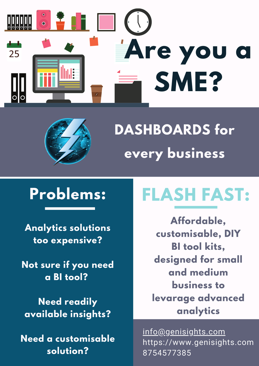 Are you an SME?

FAST is designed is cater to your needs. Dashboards that are convenient, affordable &amp; customizable. You will need no technical support and can set up the dashboard on your own.

Connect to us for a demo today!

#geniFLASH #analyticsatthespeedofthought #geniFAST