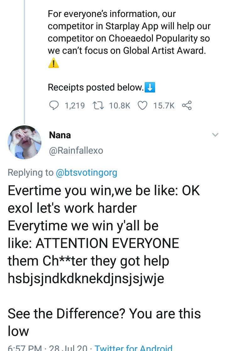 Their Fanbase Starting a whole ass Fanwar on base of Recipients with 3 RTs and 4Likes and hardly 0 Like one too But look the way Exols Responded, The Difference Though