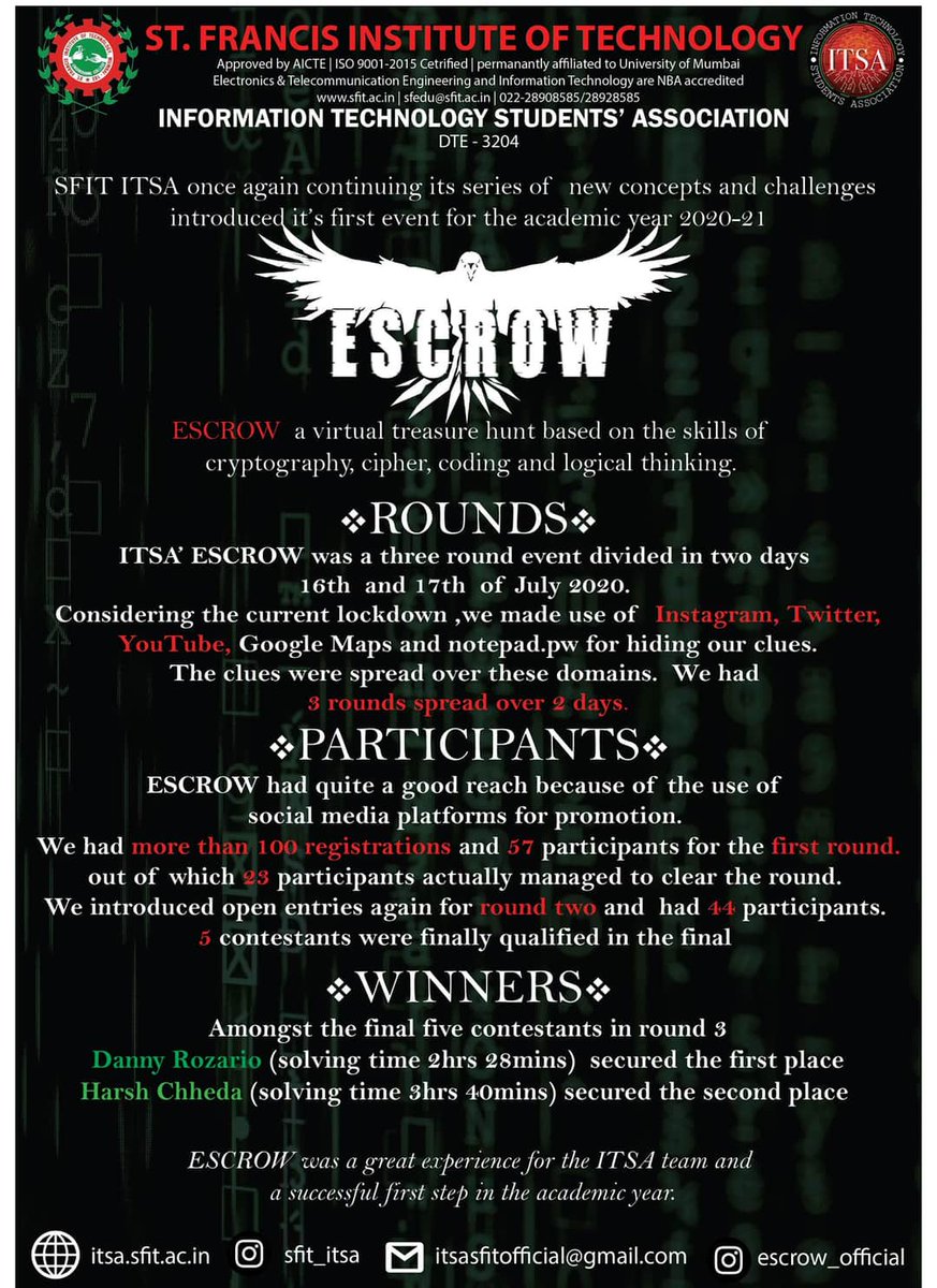sfitborivali's tweet image. Information Technology Students Association of St. Francis Institute of Technology hosted ESCROW on 16-17 July, 2020.
#TreasureHunter #VirtualGameTime #Crypto #coding #cipher