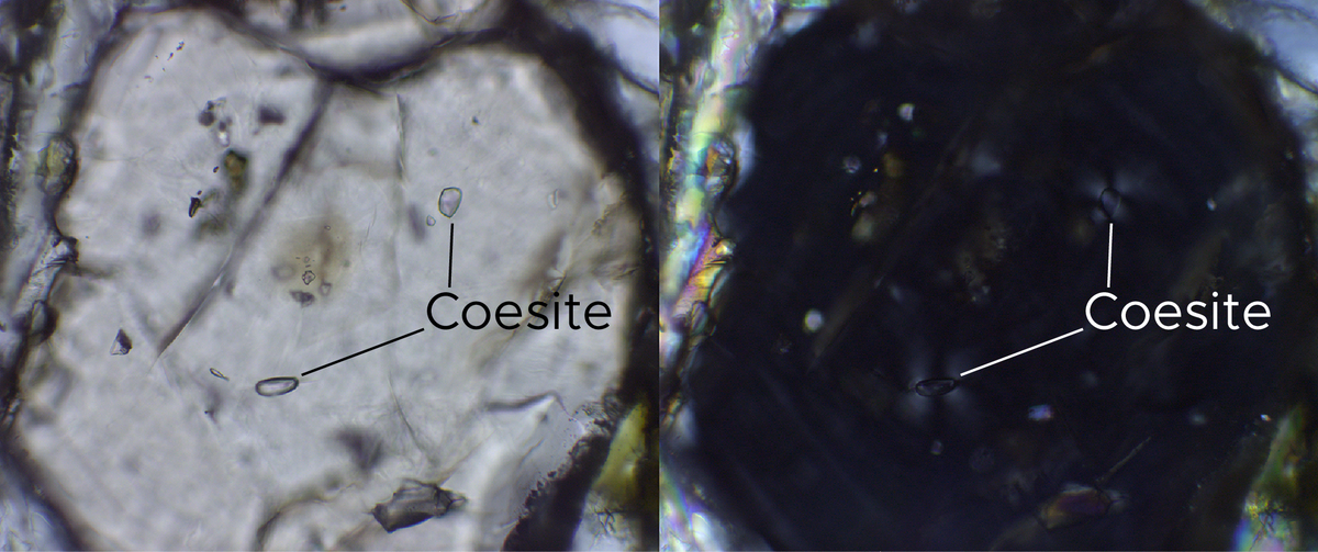 Certain inclusions trapped in garnet at depth and then brought to the surface, will become strained because of the difference in elastic properties of these minerals. Example pic: strained coesite in garnet. The garnet locally has strain-induced birefringence. 3/11