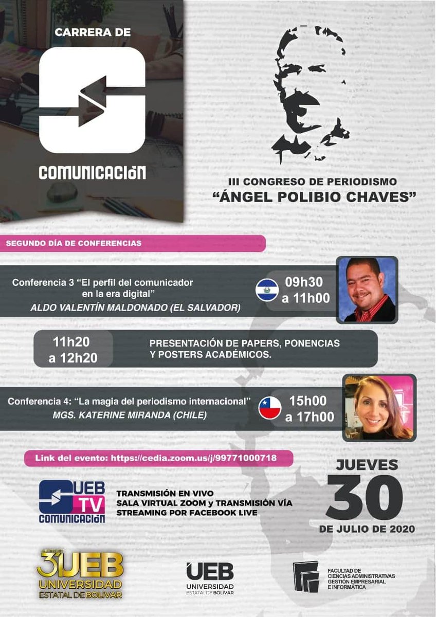 benner_correa's tweet photo. Agenda para hoy 30 de julio de 2020, dentro del #lllCongresoPeriodismoUEB "Ángel Polibio Chaves" organizado por la carrera de @comunicacionueb de la @UniversidadB 
Te esperamos vía Facebook live: https://t.co/LGasdrkuRD

#PeriodismoUEB2020
#SomosUEB

@edualban1 https://t.co/VnOy5tQPfL