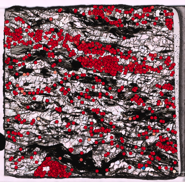 I keep track of the garnets and inclusions in QGIS, which is a neat way of linking a dataset to a scan of the thin section. There are over 1000 garnets in this section, and 30 zircon inclusions that are good enough for Raman analysis. 7/11