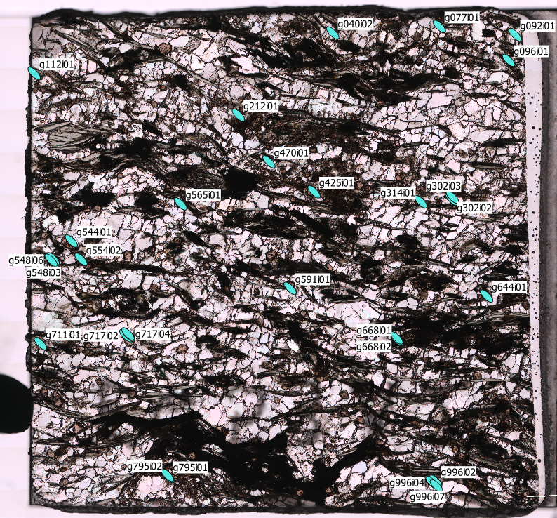 I keep track of the garnets and inclusions in QGIS, which is a neat way of linking a dataset to a scan of the thin section. There are over 1000 garnets in this section, and 30 zircon inclusions that are good enough for Raman analysis. 7/11