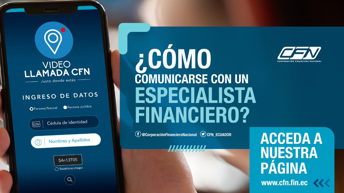CFN_ECUADOR's tweet photo. Llegamos a todas las provincias del país gracias a #VideoLlamadaCFN. Ahora usted podrá contactarse con uno de nuestros especialistas financieros para recibir mayor orientación sobre los productos y servicios de la CFN. https://t.co/L7vlGHinM1
#AEcuadorLoSacamosTodos https://t.co/pWBPgJgKCQ