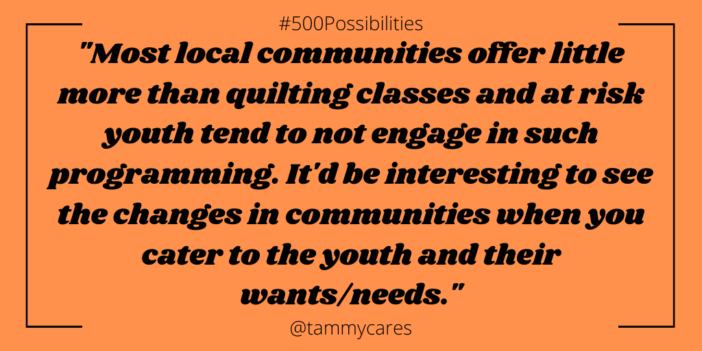 This is a great point: let's actually have youth consult on and run programs for their communities, and value their expertise! Thanks  @tammycares!  #500Possibilities @sylviajonesmpp  @fordnation  @douglasdowney  @jimwatsonottawa  @johntory  @cllrainslie  @anabailaoto  @shelleycarroll