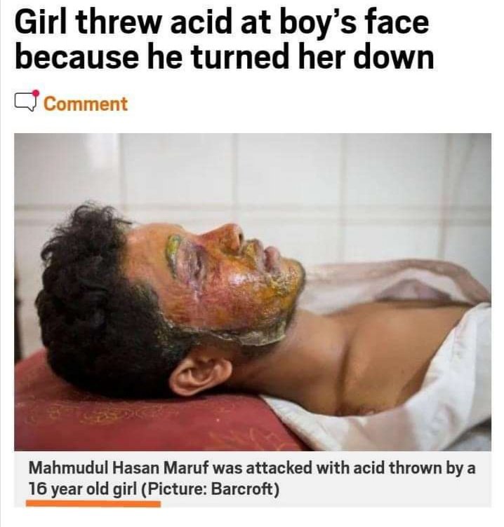 missblunt15's tweet photo. A 16 year old girl threw acid at boy's face.Boys are also not safe.This girl should be punished for throwing acid just like if a boy would get punished for the same crime.😠😠😠😠😡 https://t.co/G4DzZhgq76