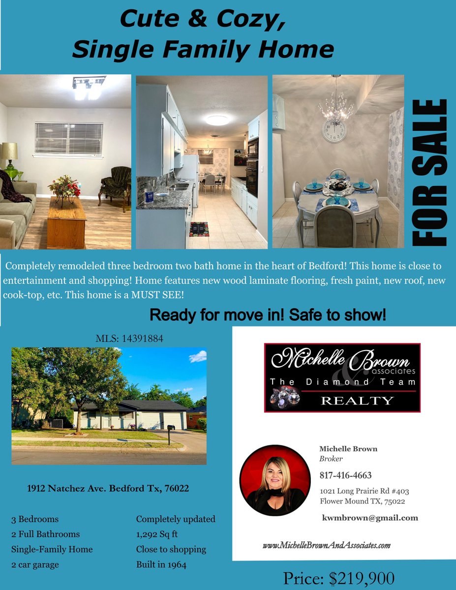 DiamondTeamRlty's tweet photo. 💙Happy Thursday Diamonds!! Take a look at our charming new listing located at: 1912 Natchez Ave. Bedford TX, 76022🏡 LISTING PRICE: $219,900 

MLS# 14391884

This charming 3 bedroom 2 bath home is located in the heart of #Bedford #TX and has been completely updated! https://t.co/7ah4OmGWJD