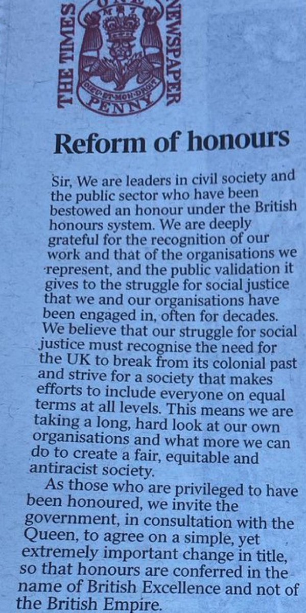 📝Our Chair @Voa1234, CEO @peteholbrook and Patron @VCSECrownRep signed this important letter today on the need to reform our honours system. The struggle for social justice must recognise the need for the UK to break from its colonial past.