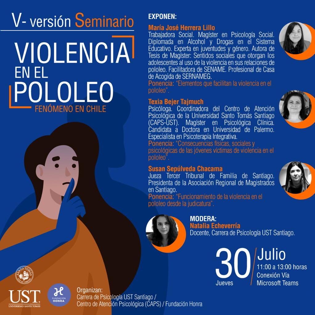 [EN MINUTOS] Seminario Violencia en el Pololeo, a las 11.00 horas. GRATUITO y abierto al público. Jornada que organiza la Carrera de #Psicología, el Centro de Atención Psicológica (CAPS-UST) y <a href="/FundacionHonra/">Fundación Honra</a>. Transmisión en directo vía Microsoft Teams▶️bit.ly/SeminarioENDIR…