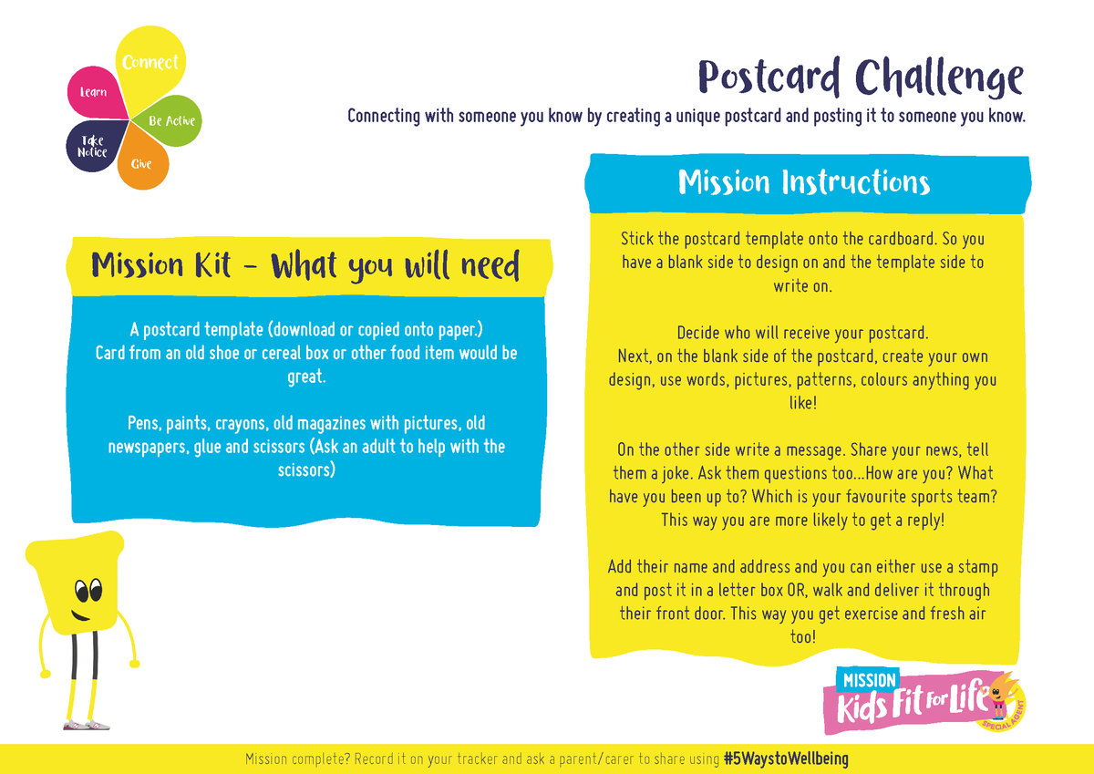 kidsfitforlife's tweet photo. Challenge 2 in Mission: Connect with Christophe is the Postcard Challenge!💌

Let's connect by creating unique postcards &amp; posting them - check out our website to download the template or create your own today!

🤝 #5WaysToWellbeing #MissionKidsFitForLife 
https://t.co/DuEL7AkAyw https://t.co/9VmY0wQLrG