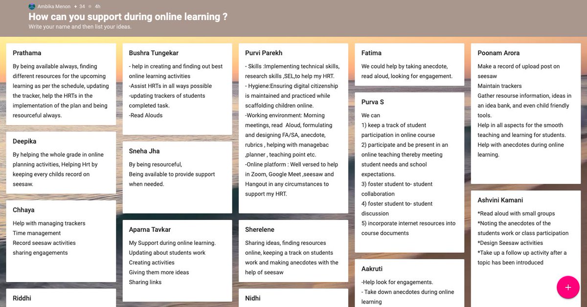 An online session on the role of assistant teachers in supporting teaching and learning. Teachers described themselves using a padlet wall , brainstormed ideas on how they can support learning and teaching and new teachers played a bingo on certain key words used in a PYP class.