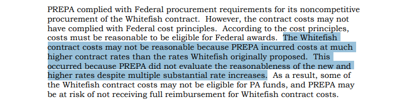 Among the highlights: Power utility (Prepa) ignored "multiple substantial rate increases" put in place by Whitefish after the signing of its initial contract in September 2017